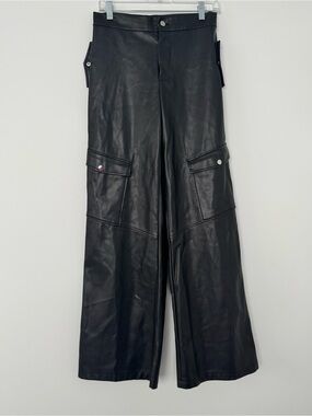 Fashion Nova Faux Leather Cargo Pants Womens S Black Wide Leg High Rise Grunge